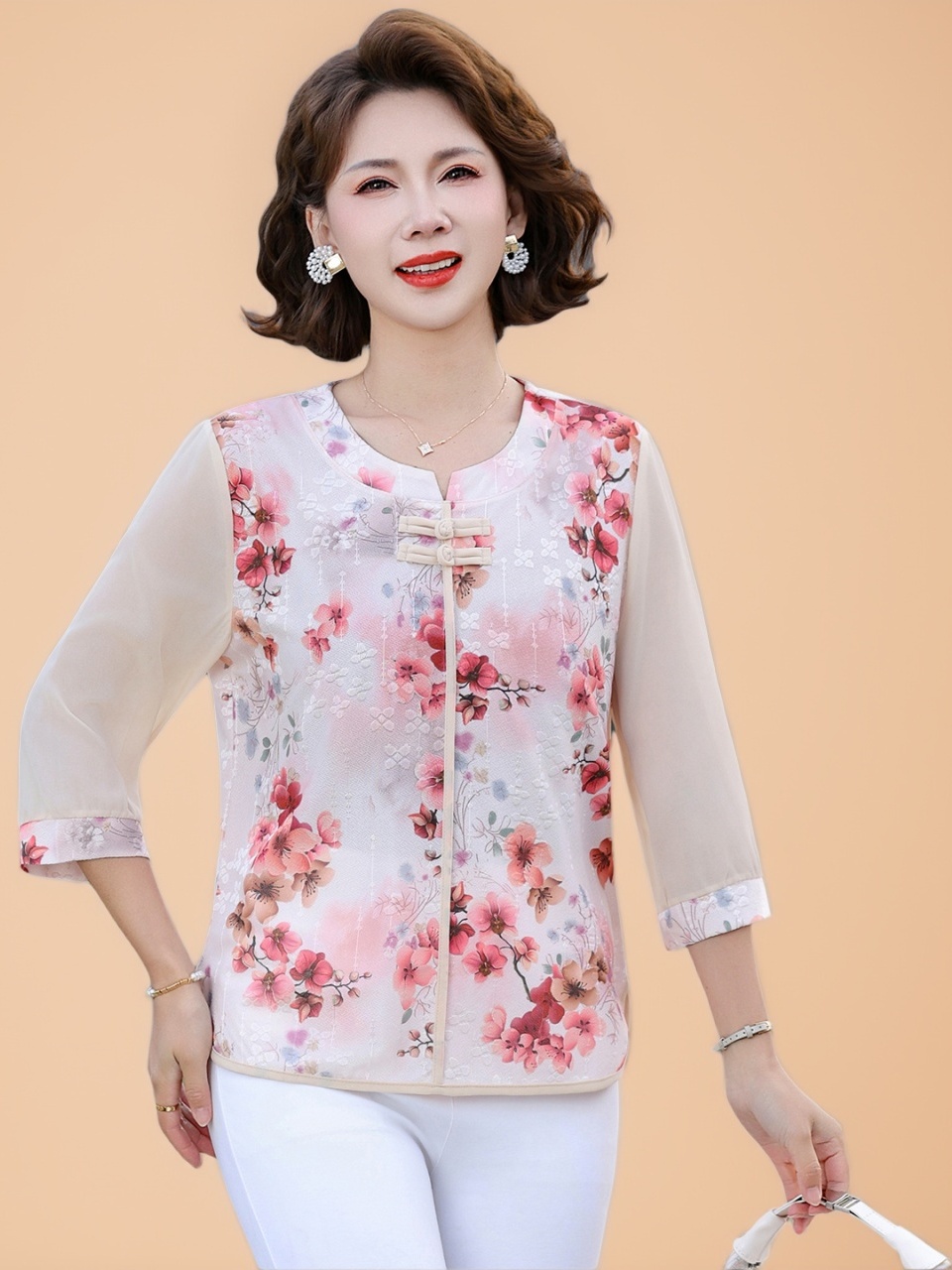 Women Fashion Over 60 - Kaos Sutra Longgar Gaya Cina Baru