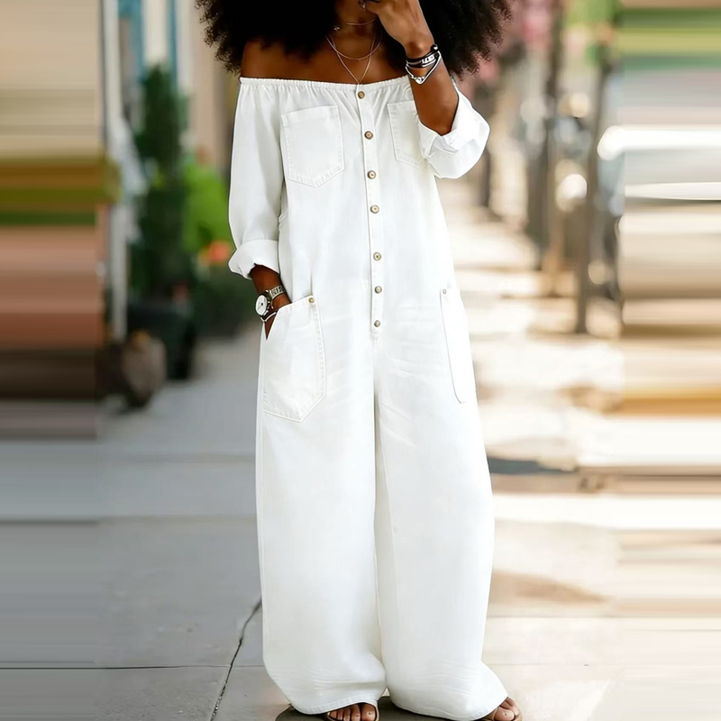 Women'S Fashion Vintage Off Shoulder Long Sleeve Jumpsuit - Romper denim polos elegan tanpa bahu,