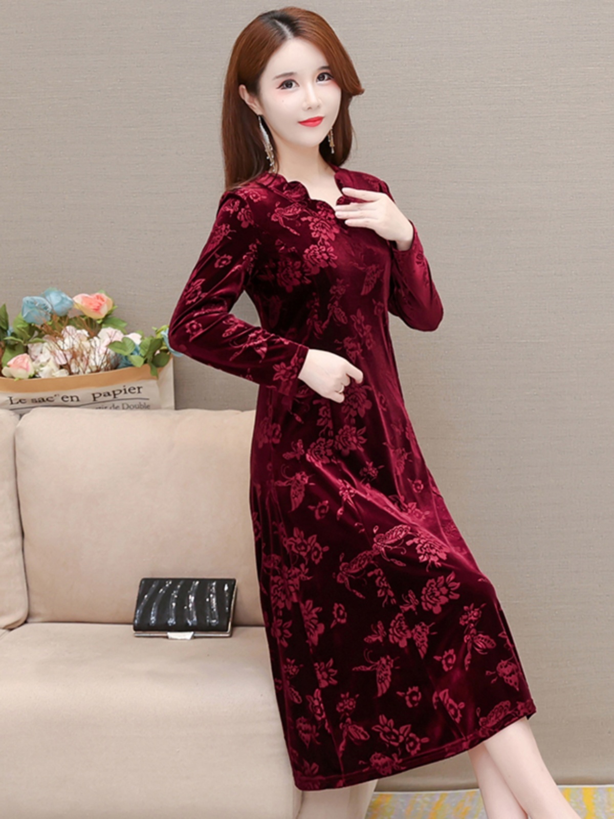 Gaun Beludru Elegan Kerah V Ro - Women Fashion Over 60 ulasan dan harga